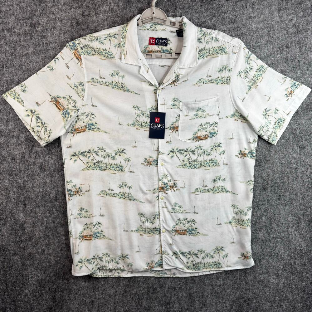 CHAPS Sea Salt Rayon Camp Shirt XL Island Scenic Palm Print NWT